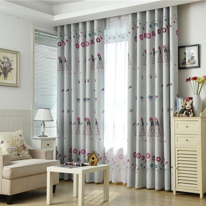 Mönstrad Gardin Med Tecknad Flicka, Måttbeställd, Värmeisolerande Mörkläggningsgardin För Barnrum