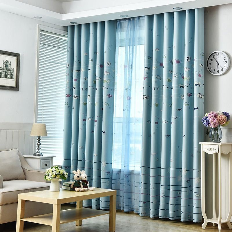 Mörkläggningsgardiner Med Tecknat Fiskmönster, Blå, Tryckta Gardiner, Måttbeställda Gardiner För Barnrum
