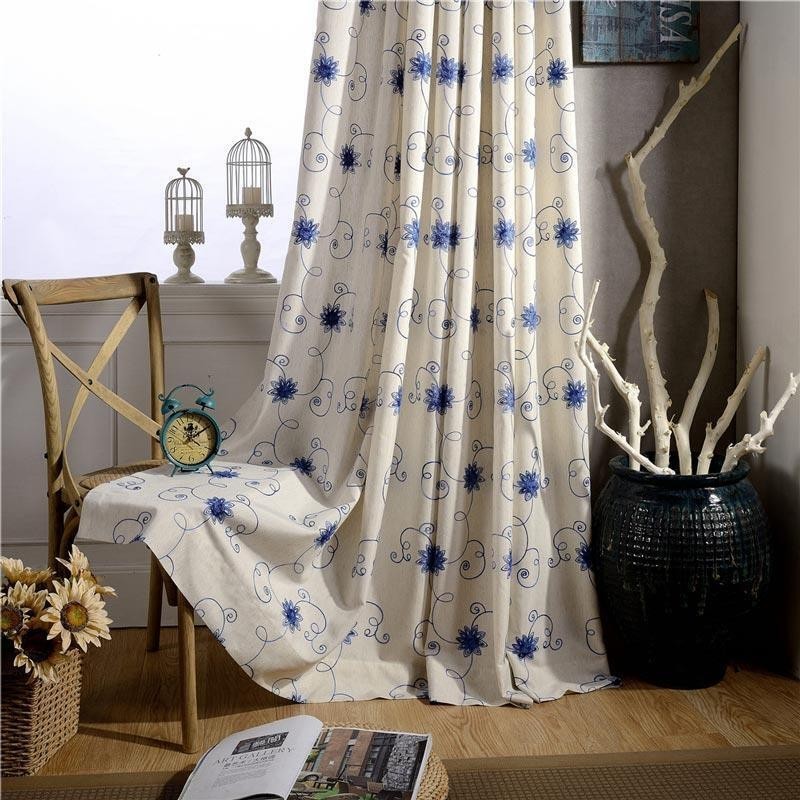 Amerikansk Enkel Gardin Måttbeställd Gardin Blå Broderad Isolerande Mjuk Bomullslinnetyg
