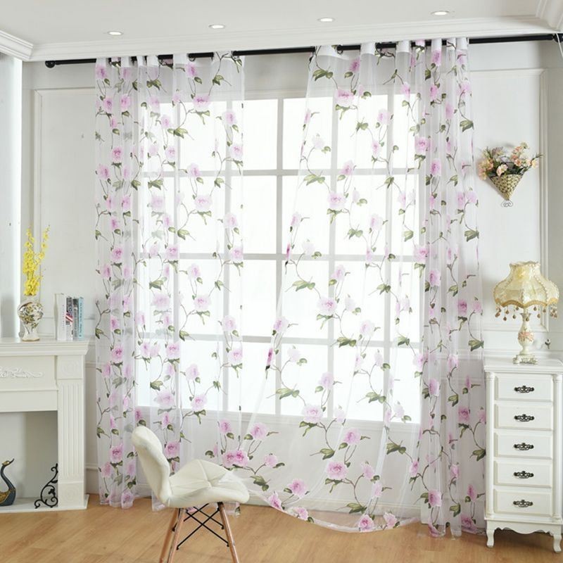 Blommiga Transparenta Fönstergardiner Tylldraperi Heminredning Rumsavdelare