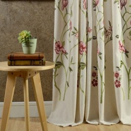 Modern Mörkläggningsgardin I Linne, Måttbeställd, Minimalistisk, Röd Blombroderad