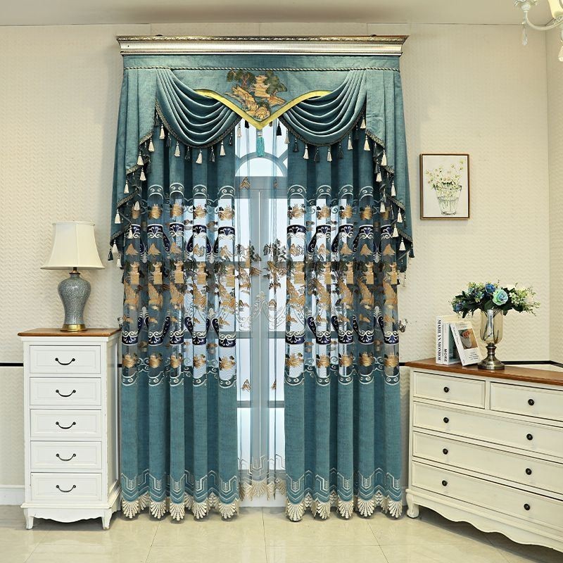 Chenille Halvmörkläggningsgardiner I Kinesisk Stil Med Bergsbroderi I Vardagsrums- Och Sovrumsstil