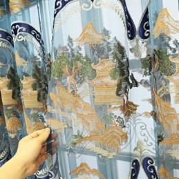 Chenille Halvmörkläggningsgardiner I Kinesisk Stil Med Bergsbroderi I Vardagsrums- Och Sovrumsstil