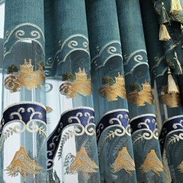 Chenille Halvmörkläggningsgardiner I Kinesisk Stil Med Bergsbroderi I Vardagsrums- Och Sovrumsstil