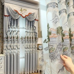 Chenille Halvmörkläggningsgardiner I Kinesisk Stil Med Bergsbroderi För Vardagsrum/Sovrum