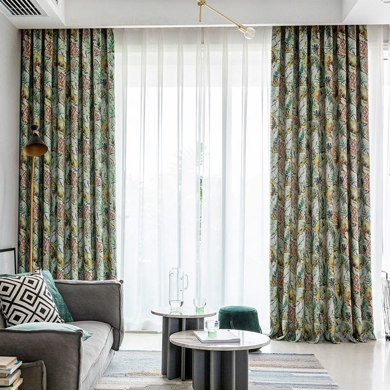 Måttbeställda Gardingardiner Oljemålade Löv Amerikanskt Tryckta Mörkläggningsgardiner
