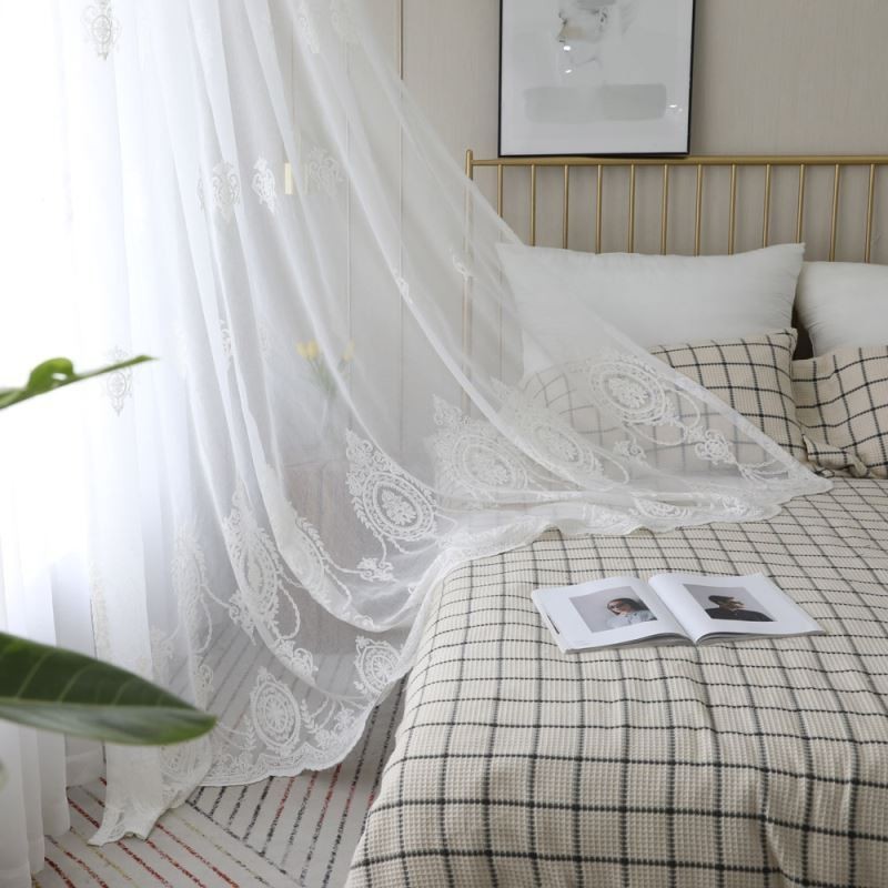 Andningsbar Transparent Gardin Måttbeställd Gardin Vit Alla Matchande Broderi Vardagsrum