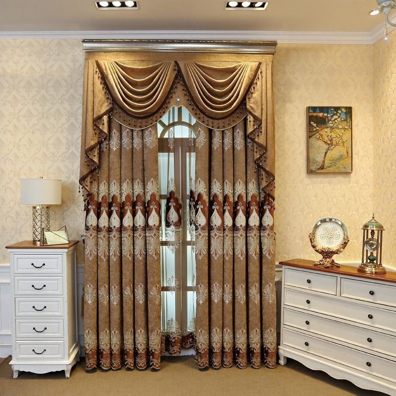 Mörkläggningsgardin I Chenille Med Måttbeställning, Europeisk Blombroderi, För Vardagsrum Och Sovrum