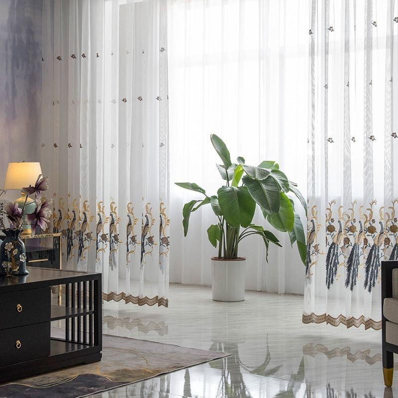 Påfågelbroderad Tyllgardin Måttbeställd Gardin Europeisk Lyxig Transparent Voile Vardagsrum