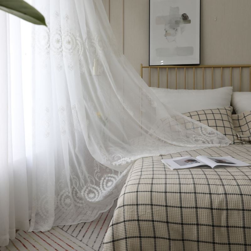 Andningsbar Transparent Gardin Måttbeställd Gardin Vit Alla Matchande Broderi Vardagsrum