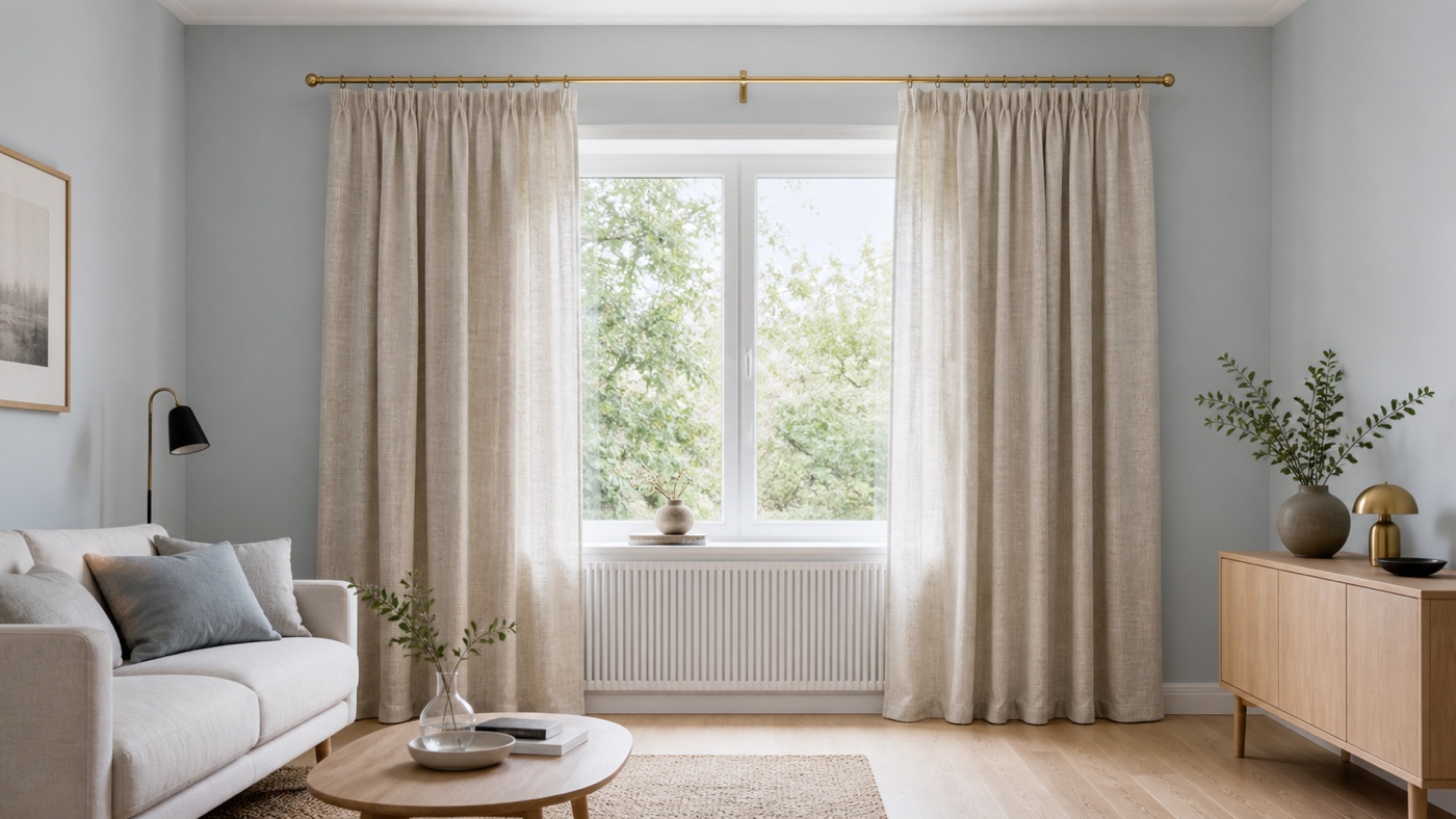 Två gardinlängder med jämn fyllighet på en komplett gardinstång