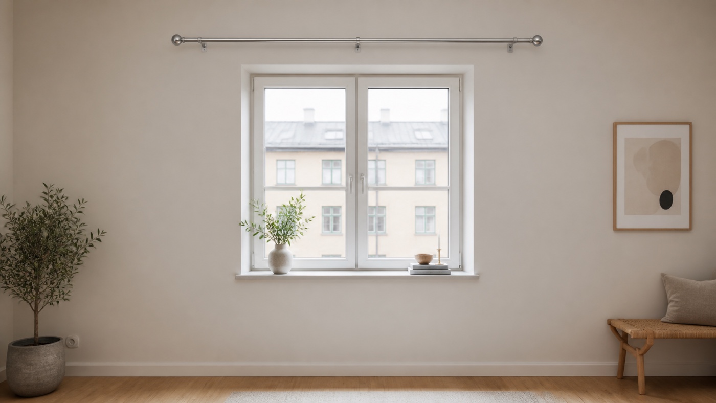Komplett gardinstång med ändknoppar och beslag ovanför ett fönster